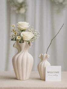 1个白色纹理树脂花瓶：时尚的人造花卉插花容器，是家居装饰、客厅点缀、卧室和办公桌摆设的理想之选。这款别致百搭的装饰品，为您的现代室内空间增添格调。 - 餃子口 - 查看 7