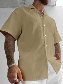 GloMan 复古风男士亚麻短袖衬衫，宽松休闲舒适沙滩衬衫，适合夏季度假，父亲节礼物，白色衬衫 - 卡其色 - 查看 7