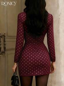 DONICY 女士性感波点长袖紧身迷你连衣裙，复古风格，适合派对和约会 - 酒紅色 - 查看 2