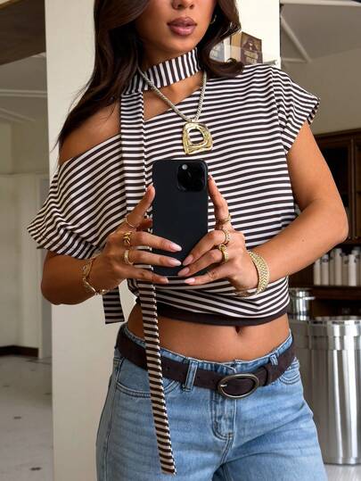 GLOpass Retro American Design Short Sleeve Asymmetric Ruffle Striped Print Cropped T-Shirt, Waist Cinched Fashionable Blouse For Women