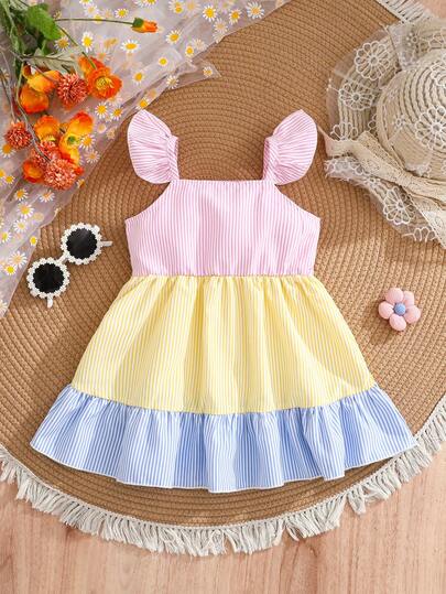 Baby Girl Summer Colorblock Dress, Cap Sleeve Design, Sweet & Cute Fashion, Suitable For Casual Daily Wear, Outdoor Activities, Gift