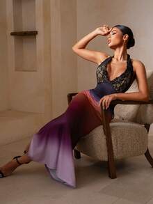 Persoshow 新款女士夏季渐变蕾丝吊带深V露背修身美人鱼连衣裙，性感迷人，适合日常约会、派对、宴会、夜店等场合，尽显女士优雅气质，亦可作为夏季连衣裙、毕业礼服、露背连衣裙、婚礼宾客礼服、优雅女士连衣裙、情人节派对装扮。 - 彩色 - 查看 6