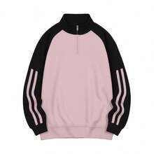 Half-Zip Two-Tone Sweatshirt, Plain, Soft, Warm - hồng/đen - Xem 3