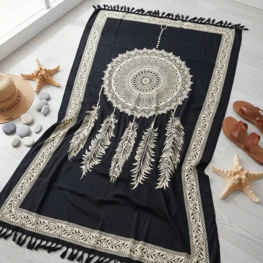 Beach Towel Divinities Summer Fashion Women's Park Pool Lotus Flower Plain Mandala - 5P黑色濾鏡 - 查看 1
