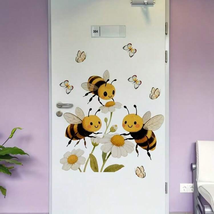 1/3/5片装春夏花卉蜜蜂蝴蝶窗膜静电吸附可移除可重复使用墙贴，适用于玻璃门镜家居客厅卧室办公室装饰配件。 - 蜜蜂 - 查看 6