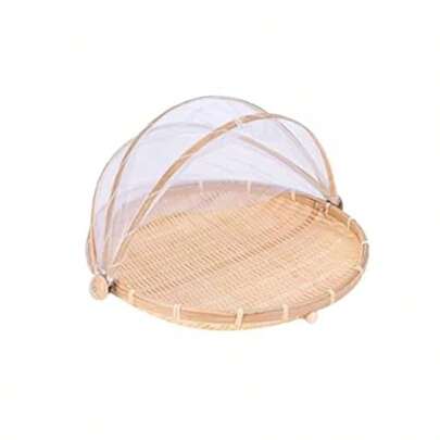 Xshelley Round Bamboo Food Tent Basket With Lid Vegetables/Fruits Bread Storage Basket 42cm In Diameter