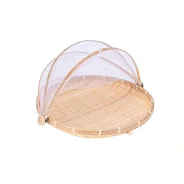 Xshelley Round Bamboo Food Tent Basket With Lid Vegetables/Fruits Bread Storage Basket 42cm In Diameter