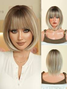 7JHH WIGS 女士短款亚麻金挑染灰色波波头假发，短直发带刘海，全机织耐热假发，适合日常派对、音乐节庆典和角色扮演等场合佩戴，12英寸 - 亞麻金 - 查看 3