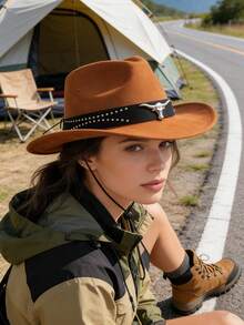 Men Women Cowgirl Hat Wide Brim Stylish Bull Head Belt Leather Design Western Cap For Daily Life Party - Màu Khaki - Xem 6