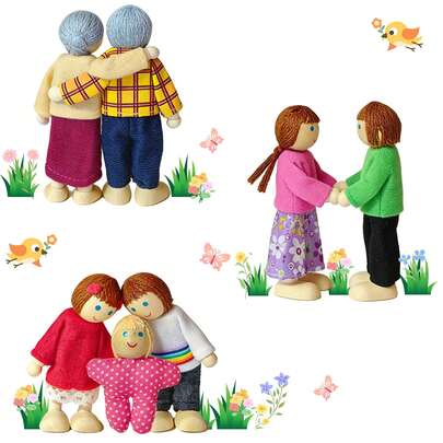 Conjunto de 7 peças de madeira para casa de bonecas com figuras de família - Inclui figuras dos pais e personagens, ideal para casa de bonecas, brincadeiras de faz-de-conta e decoração. Modelo de família de madeira, perfeito para colecionadores.