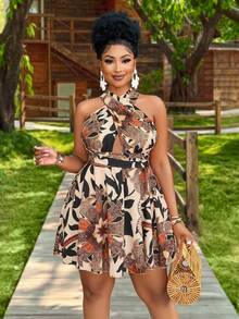 BIUBIU 大码女式夏季热带植物印花露背抹胸镂空无袖短裙，适合度假旅行（随机花卉图案）优雅 - 杏桃褐色 - 查看 6