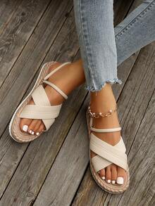 Nuevas sandalias/pantuflas planas de playa bohemias versátiles de moda para exteriores/interiores de talla grande, ropa de calle Y2K - Beis - Ver 7