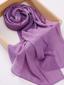 1件女士纯色雪纺长围巾，带珍珠装饰雪纺头巾 - 淺紫 - 查看 3