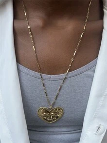 心形太阳脸独特夸张设计吊坠项链，不锈钢首饰配饰 - 人臉項鍊 - 查看 5