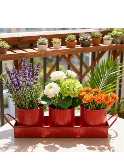 The Red Ironwork Three Pieces Multi-Functional Anti-Rust Flower Pot Is Suitable For Home Balconies. It Can Be Paired With Succulents And Green Plants, As Well As Country-Style Home Decoration Items, Flower POTS, And Courtyard Landscaping Plants