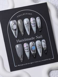 10片/套 手工制作长尖甲片，Y2K银色风格，3D立体恶魔眼图案，手绘渐变细闪印花设计，美甲装饰。包含1片果冻胶和1把指甲锉。完美适用于日常生活以及科切拉音乐节派对装扮，是美甲贴片和美甲护理产品的理想之选。美甲用品 手工贴片 - 銀色 - 查看 3