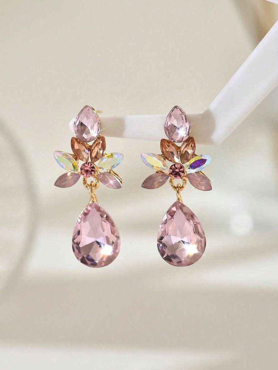 1 Đôi bông tai nữ hình giọt nước đính đá hoa nhiều màu sắc, thích hợp để đeo ngoài trời. - Hồng - Xem 1