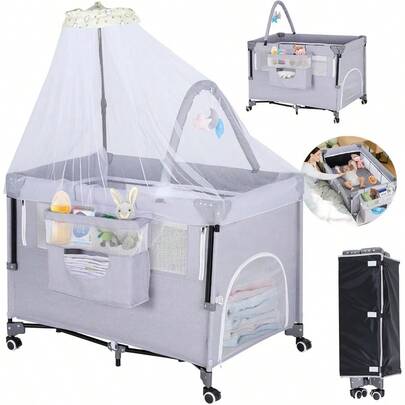 cunas para bebésKONEIYA Cuna para Bebe con Mosquitera 3 en 1 3 Niveles Ajustables Corral para Bebe Multifuncional Portatil Y Plegable Acopla Cama Colecho Incluye Organizador Y Juguetes 110 * 80 * 60cm