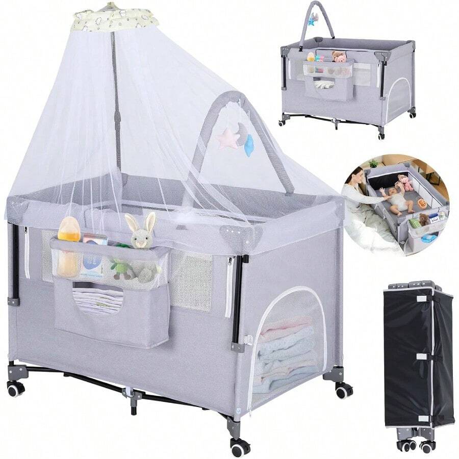 cunas para bebésKONEIYA Cuna para Bebe con Mosquitera 3 en 1 3 Niveles Ajustables Corral para Bebe Multifuncional Portatil Y Plegable Acopla Cama Colecho Incluye Organizador Y Juguetes 110 * 80 * 60cm - gris1 - Ver 1