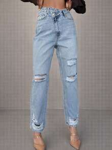 SQUALO 女式蓝色水洗、破洞、做旧效果牛仔裤 街头风格 - 藍色 - 查看 1