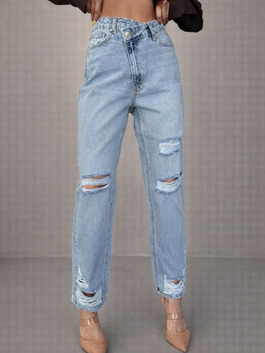 SQUALO 女式蓝色水洗、破洞、做旧效果牛仔裤 街头风格 - 藍色 - 查看 1