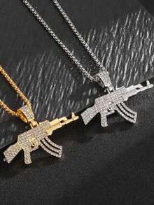1件新款时尚创意仿AK-47突击步枪吊坠项链摇滚朋克男女饰品礼品 - 金色 - 查看 1