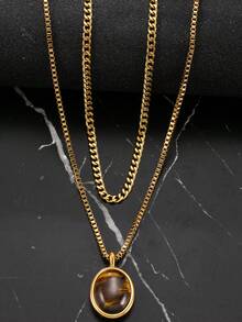 2 piezas Collar con colgante de ojo de tigre de acero inoxidable de moda, adecuado para el atuendo diario y ocasiones festivas de los hombres - Dorado - Ver 2