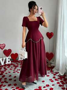 LilyHouse 女士纯色优雅迷人浪漫假日派对晚礼服，珍珠装饰，方领修身短袖长款连衣裙，适合假日、婚礼、派对等场合。 - 酒紅色 - 查看 2