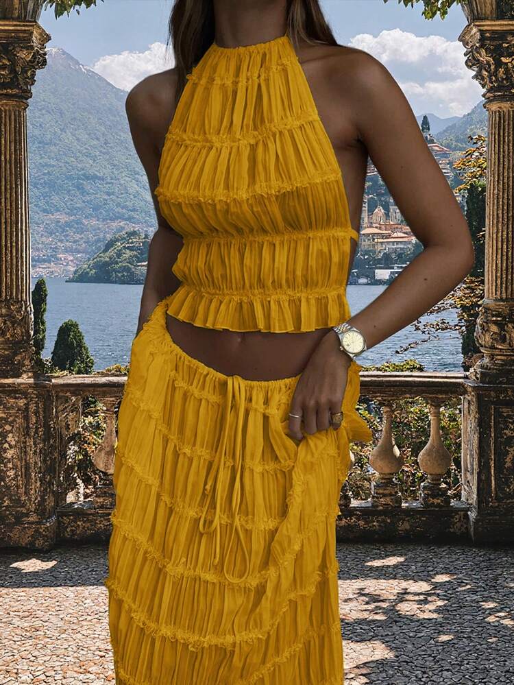 Chiffon Multi-Layer Pleated Lace Trim Halter Backless Maxi Dress Set,  Romantic Elegant 2 Pieces Set For Women, Suitable For Carnival Party,  Party, Goth, Wedding#TwoPieceSet,Women's 2026 Spring Summer,Wedding  Season,Music Festival,Back To School Season ...