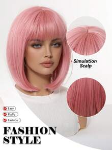 12-calowa krótka, falowana peruka syntetyczna dla kobiet, krótkie, proste włosy, odpowiednia na co dzień, święta, podróże, Halloween, Boże Narodzenie, Nowy Rok, karnawał, festiwal muzyczny, cosplay, idealna na prezenty dla dziewczyn, letnie prezenty na ukończenie szkoły, gotowe prezenty, prezenty na Halloween i Boże Narodzenie - Różowy - Zobacz 2