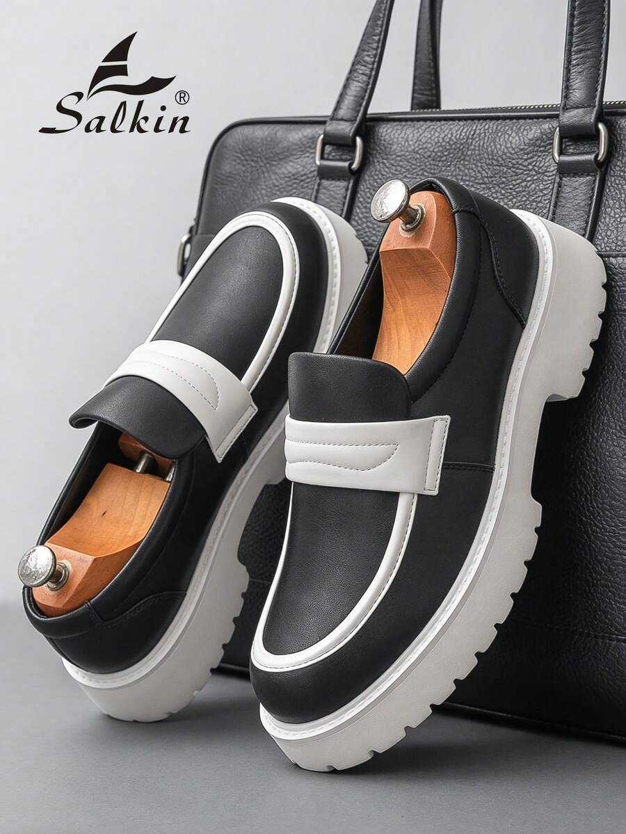 Abfuber New Designer Men's Slip-On Loafers, Soft Leather Upper, Thick Sole, Vintage British Style, Elevator Shoes. Affordable Luxury For Modern Living. Suitable For Back To School, College Students, Graduation Ceremony, Soft & Comfortable Round Toe Formal Dress Shoes, Gentlemen Business Office Commute, Daily Casual, Dating, Party, Wedding, Groomsmen. Recommend Ordering One Size Up. - Black and White - View 1