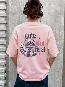 女士新款简约可爱图案休闲度假风宽松百搭圆领短袖T恤，时尚日常上衣，适合日常度假穿着。女士新款夏季活力少女风浣熊印花宽松粉色T恤。适合情人节、开学季、教师节等节日穿着。字母印花短袖T恤，柔软宽松舒适，高端街头风休闲百搭短袖上衣 - 粉色 - 查看 5