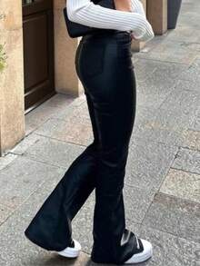 MYOURSA High Waist Elastic PU Leather Flare Pants, Black, Suitable For Daily Wear In Winter - Black - View 3