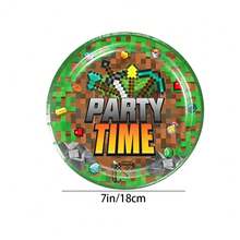 50件套我的世界主题生日派对一次性餐具套装，包括像素风桌布、纸杯、纸盘和刀叉 - 彩色 - 查看 6