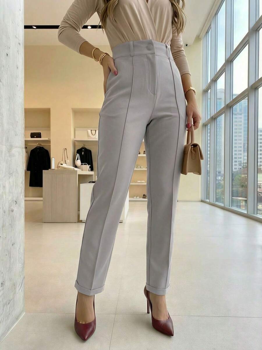 A&DD MODA, REF: 502-AS1188 | Women's Straight Tailored Pants, High Waist, Functional Side Pockets, Elegant Details On The Hem, Smooth And Sophisticated Finish, Versatile Formal Piece For Formal And Casual Looks, Comfort And Style For Everyday Wear, Improved Classic Suit - Màu Xám nhạt - Xem 1