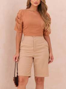 Versatile Women's Linen Bermuda Shorts With Pockets And Functional Buttons - 裸體 - 查看 4