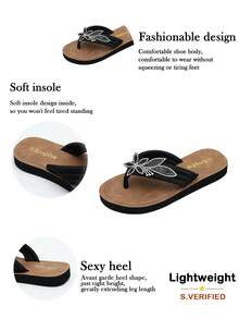 Women's Rhinestone Flower Thong Sandals, Thick Soft Sole, Beach, Vacation, Casual Flip Flops - Black - View 6