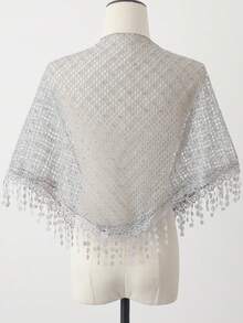 新款热销女士三角披肩，网纱、亮片和蕾丝饰边——多功能头巾围巾，浪漫透气，纯色，宽松版型 - 大尺寸版白色 - 查看 5