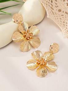 1 par de pendientes de flor dorada clásicos y creativos de moda, versátiles para uso diario, citas, fiestas, nuevos accesorios de joyería - Amarillo Oro - Ver 4