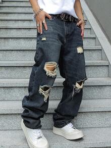 Men's Ripped Jeans Relaxed Fit Straight Leg Distressed Vintage Denim Pants Y2K Hip Hop Skater Streetwear Casual Trousers - 深色水洗藍 - 查看 3