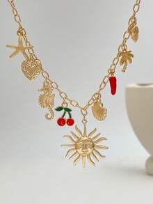 1件海洋假日几何细链金属向日葵、海星、贝壳、扇贝、海马流苏吊坠项链，优雅奢华，适合婚礼派对、海滩度假、日常休闲、街头风格，女士情侣假日生日百搭项链礼物 - 金色 - 查看 5