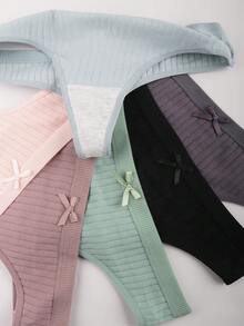 6 Pack Plus Size Women's Solid Color Underwear With Bow Decoration, Elegant T-Back Design For Daily Comfort And Style,Panties For Women Cotton,,Plus Size Summer - 彩色 - 查看 5