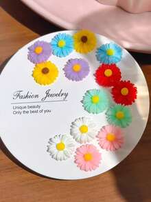 7对简约优雅糖果色花卉时尚奢华精致雏菊日常休闲/派对耳环套装（女士） - 彩色 - 查看 3
