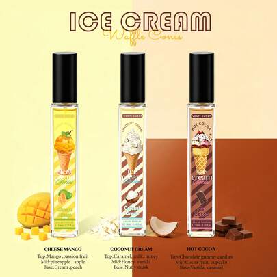 3瓶10毫升椰子冰淇淋香氛喷雾，融合多种香型，如巧克力椰子味和芒果香。多层喷雾设计，适用于室内外空气净化，持久留香，清新自然，令人心旷神怡。是旅行必备、圣诞礼物、婚礼、毕业典礼、新学年伊始的理想之选。也是情人节礼物和中东斋月期间的理想之选。