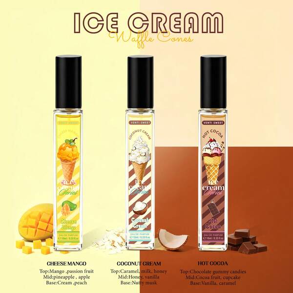 3 Bottles 10ml Coconut Ice Cream Fragrance Room Spray, Includes Chocolate Coconut And Mango Scents. Multi-Layer Mist Suitable For Indoor/Outdoor Air Purification, Provides Long-Lasting Natural Fresh And Charming Effect. Ideal As Travel Essential, Christmas Gift, Wedding, Graduation, Back To School, Valentine's Day Gift, Ramadan