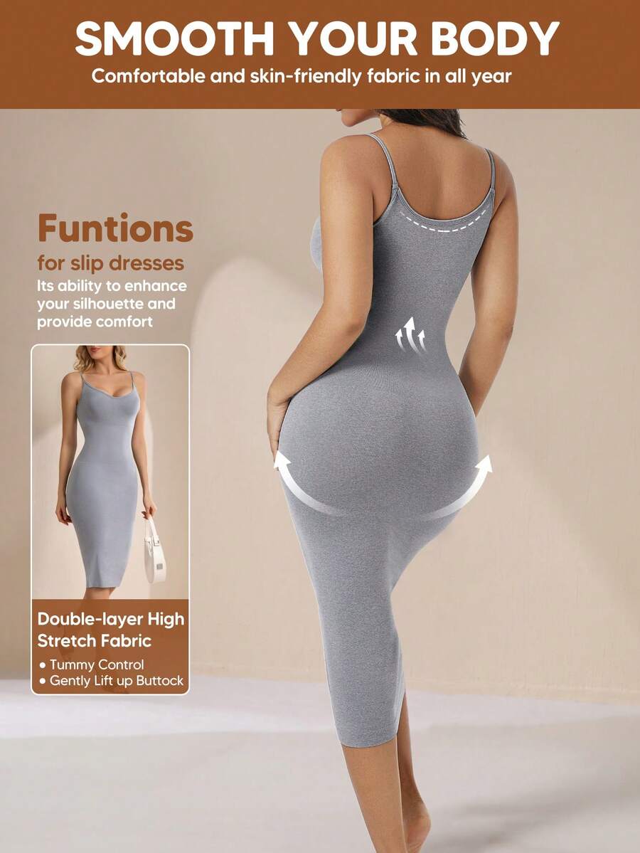 Suprenx 1pc Women's Spaghetti Strap Tummy Control Lift Bust Bodycon Dress, Suitable For Layering Or Outerwear - Light Grey - View 1