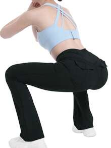 1 pieza Leggings acampanados de yoga para mujer. Dos bolsillos externos - Tela altamente elástica y suave - unicolor - Adecuado para yoga, fitness y uso diario. Un buen compañero para deportes al aire libre de las señoras. - Negro - Ver 6