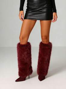 Furry Fluffy Knee High Boots For Women Faux Fur Winter Snow Boots Pointed Toe Stiletto High Heels Sexy Warm Shoes Christmas Party - 酒紅色絨面革 - 查看 4