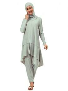 VFJ Women's Casual Crew Neck High-Waisted Burkini Three Pieces Set, Full-Coverage Hooded Swimwear. - Grey - View 7