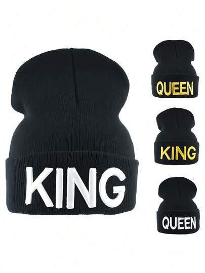 Embroidered "KING & QUEEN" Knit Beanie, Unisex Winter Warm Slouchy Hat, European And American Couple Style, Popular Warm Headwear